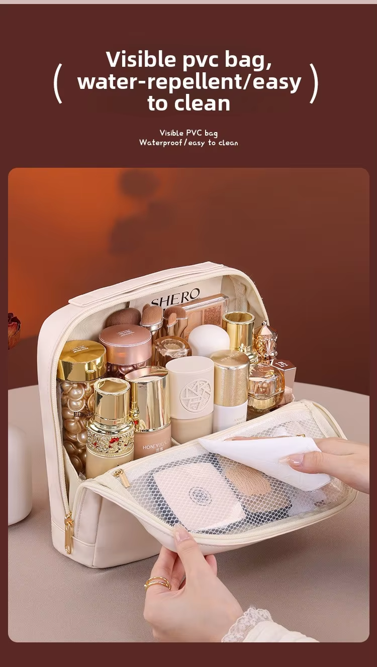 Portable PU Standing Makeup Bag Zipper Closure Letter Soft Handle Large Capacity for Professional Beauty Cosmetics Storage