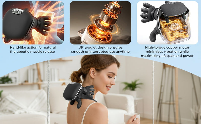 4D bionic neck massager with heat, simulates real hand massage. 3 intensities & 2 heat levels to relax muscle tension