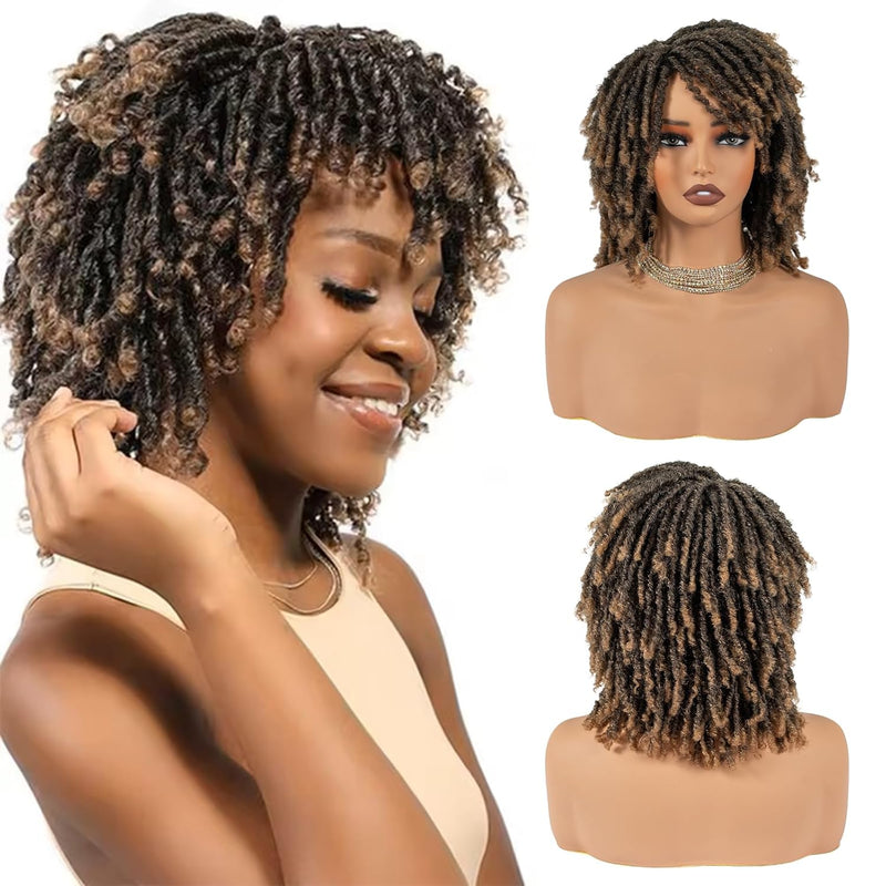 Short Synthetic Dreadlock Wig for Black Woman, Afro Curly Faux Locs Braided Hair with Glueless Realistic Twist - Crochet Braided Wigs