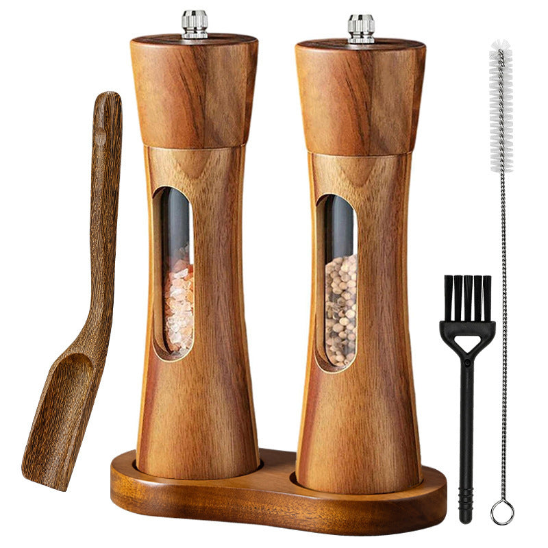 8 Inch Pepper Mill Sets With Base,Manual Wooden Salt and Pepper Grinder Shaker Tools Sets