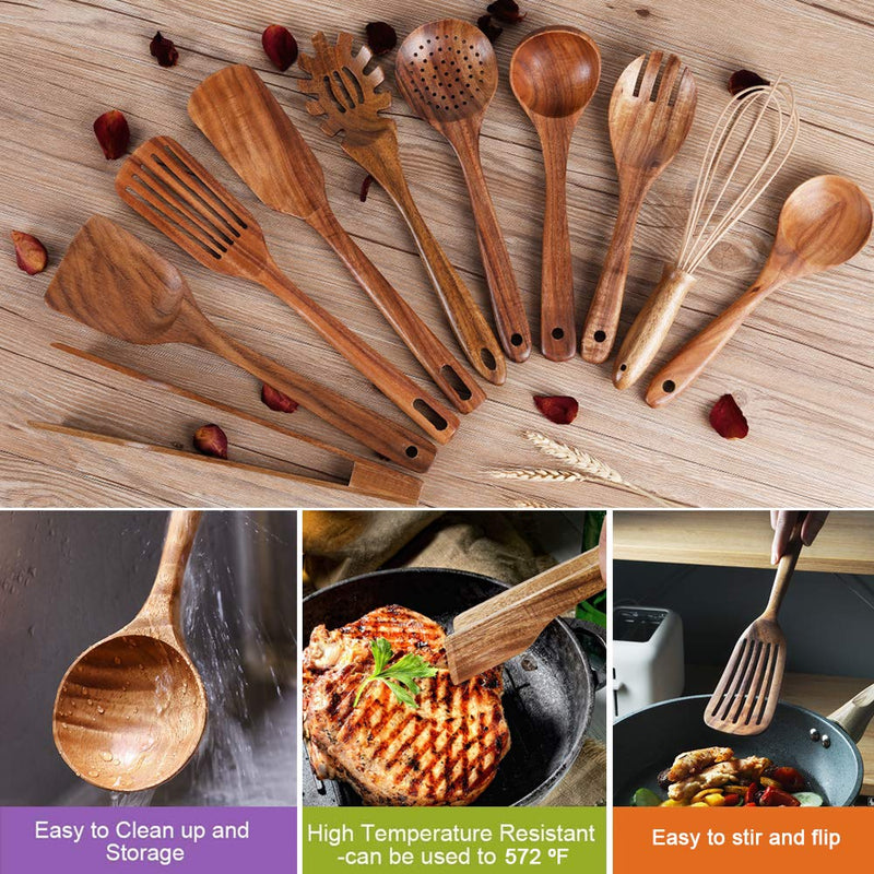 10-Piece Teak Wood Kitchen Utensil Set, Non-Scratch Wooden Cooking Tools with Holder