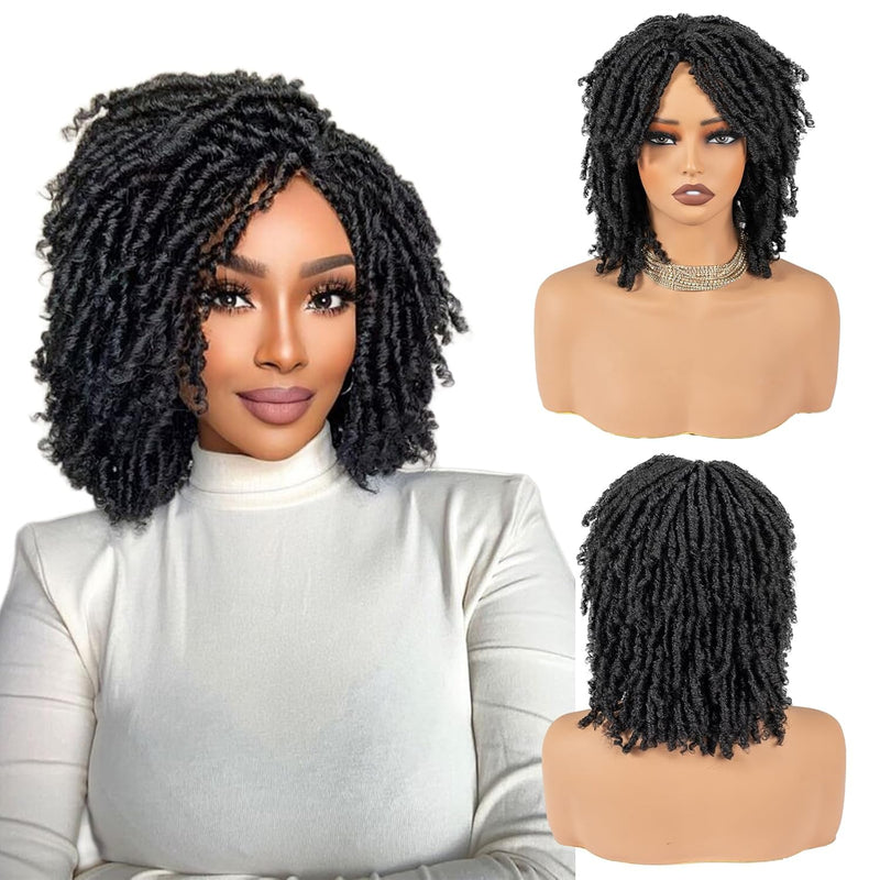 Short Synthetic Dreadlock Wig for Black Woman, Afro Curly Faux Locs Braided Hair with Glueless Realistic Twist - Crochet Braided Wig Black）