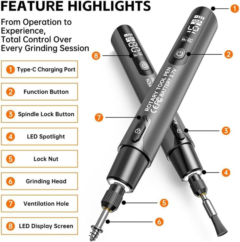 Electric Rotary Tool Kit with Digital Display LED - Mini Grinder Engraver