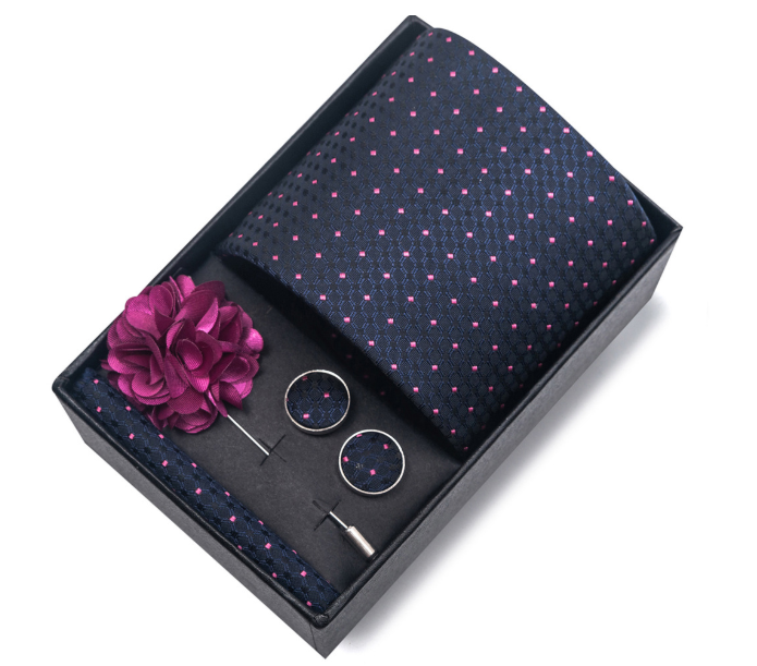 Men Ties Set Color Necktie Handkerchief Cufflinks Brooch Formal