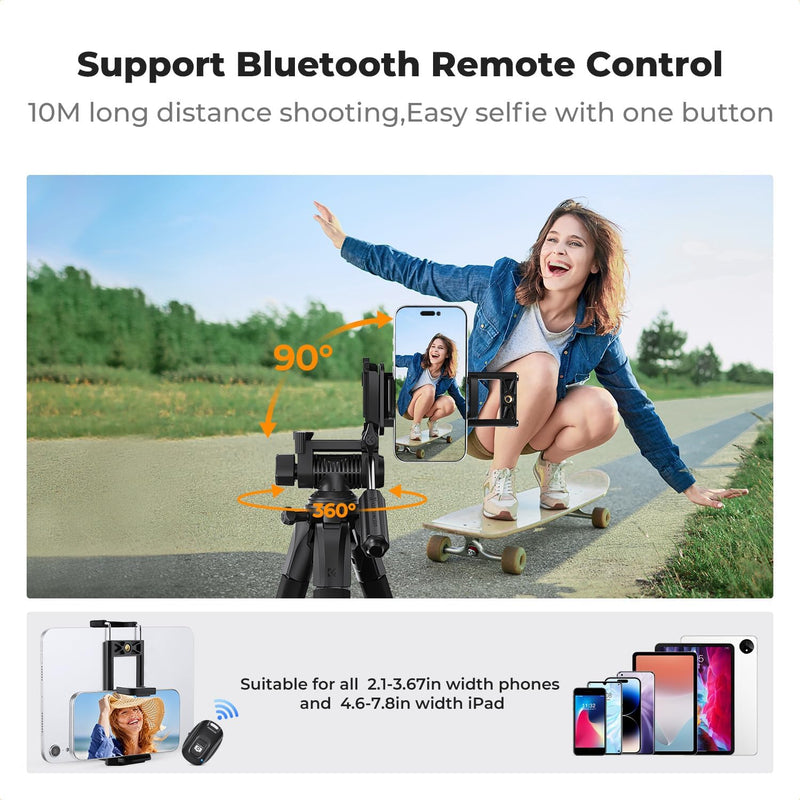75" Camera Tripod, Aluminum Tripod Stand with 3-Way Pan Head & Bluetooth Remote
