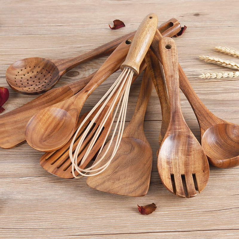 10-Piece Teak Wood Kitchen Utensil Set, Non-Scratch Wooden Cooking Tools with Holder