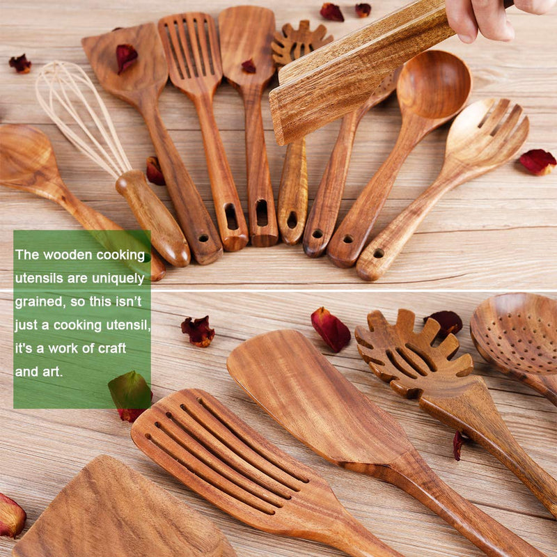 10-Piece Teak Wood Kitchen Utensil Set, Non-Scratch Wooden Cooking Tools with Holder