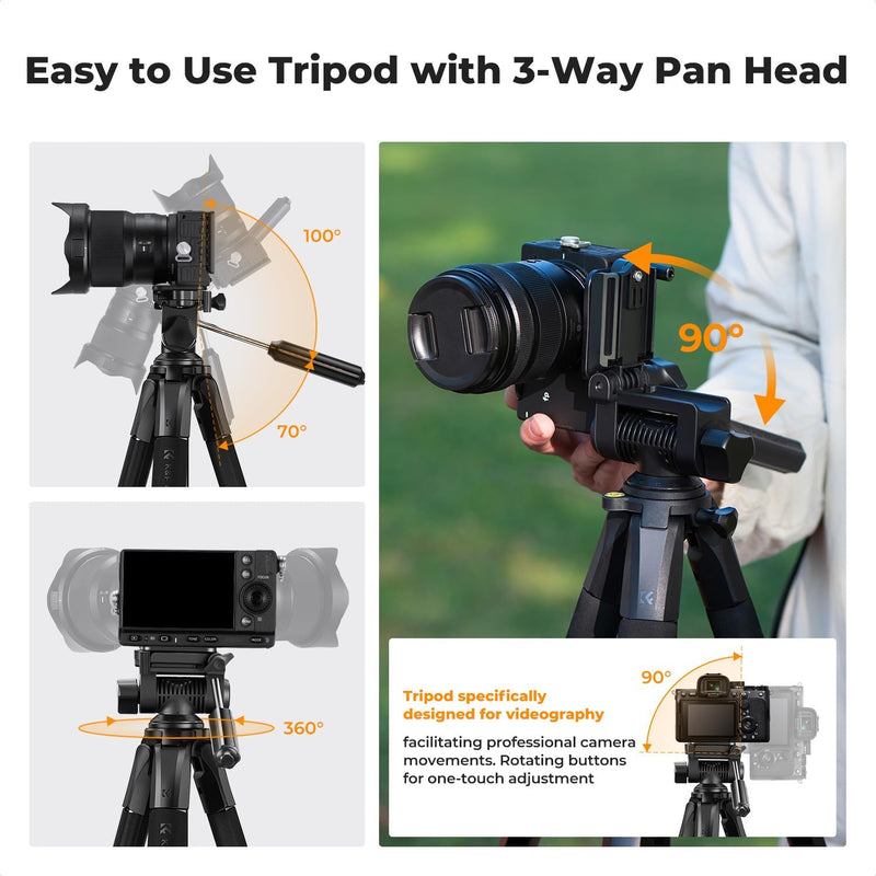 75" Camera Tripod, Aluminum Tripod Stand with 3-Way Pan Head & Bluetooth Remote