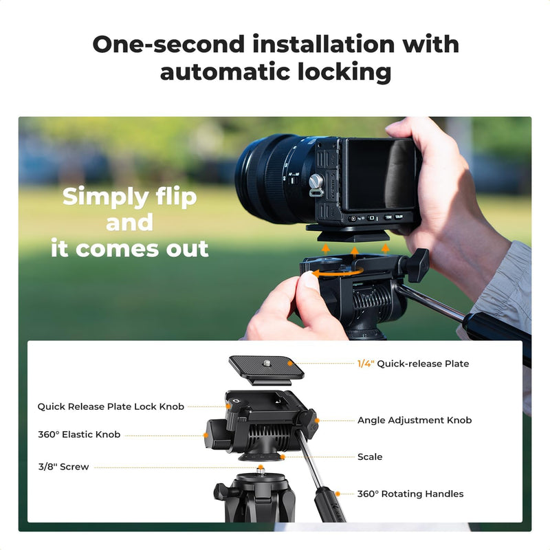 75" Camera Tripod, Aluminum Tripod Stand with 3-Way Pan Head & Bluetooth Remote