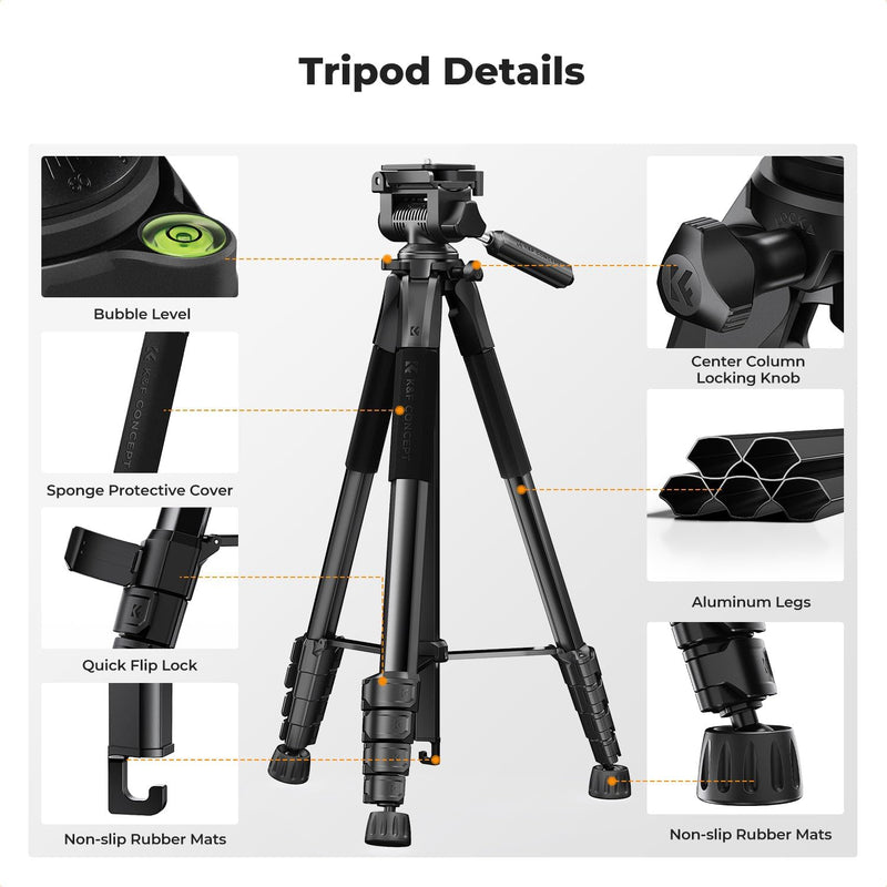75" Camera Tripod, Aluminum Tripod Stand with 3-Way Pan Head & Bluetooth Remote