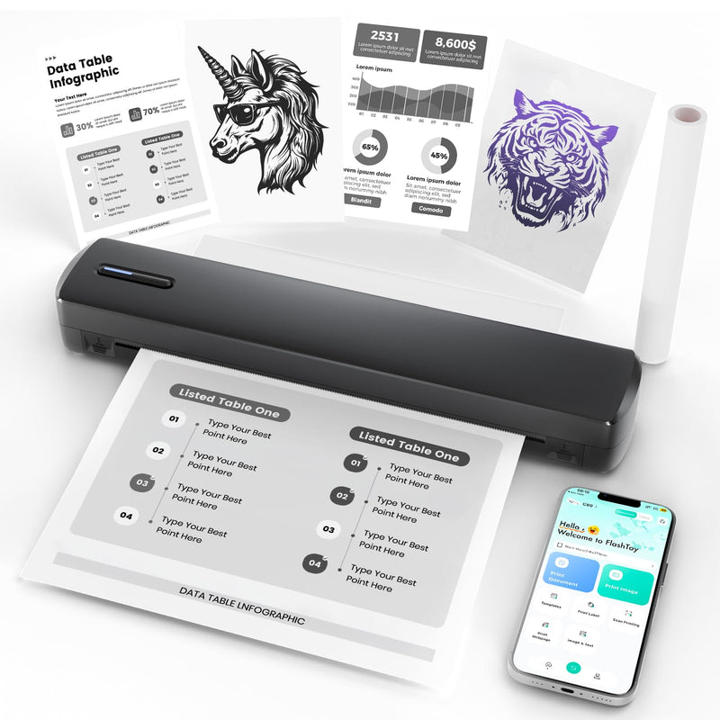 Portable Wireless Inkless Printer, Bluetooth A4 Thermal Printer for Documents & Tattoo Stencils