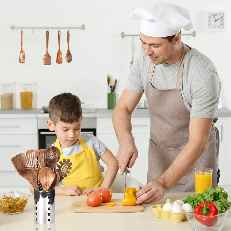 10-Piece Teak Wood Kitchen Utensil Set, Non-Scratch Wooden Cooking Tools with Holder