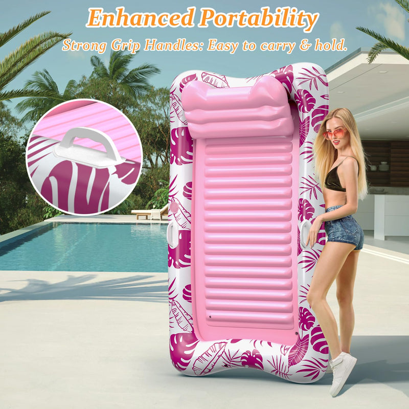 Inflatable Tanning Pool Float with Headrest & Cup Holder, 83.5" Large Size for Adults