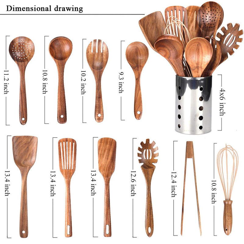 10-Piece Teak Wood Kitchen Utensil Set, Non-Scratch Wooden Cooking Tools with Holder