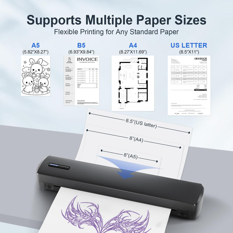 Portable Wireless Inkless Printer, Bluetooth A4 Thermal Printer for Documents & Tattoo Stencils