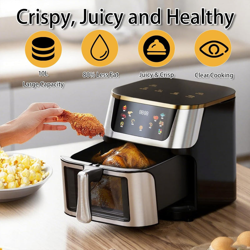 10L 1400W 110V Air Fryer with Touch Screen, Visible Window, 80% Less Fat Healthy Cooking