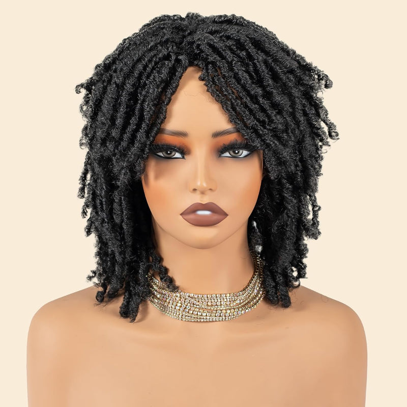 Short Synthetic Dreadlock Wig for Black Woman, Afro Curly Faux Locs Braided Hair with Glueless Realistic Twist - Crochet Braided Wig Black）