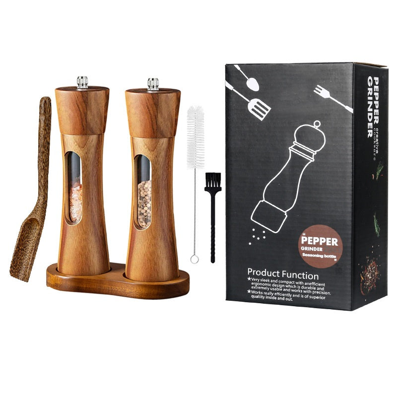 8 Inch Pepper Mill Sets With Base,Manual Wooden Salt and Pepper Grinder Shaker Tools Sets
