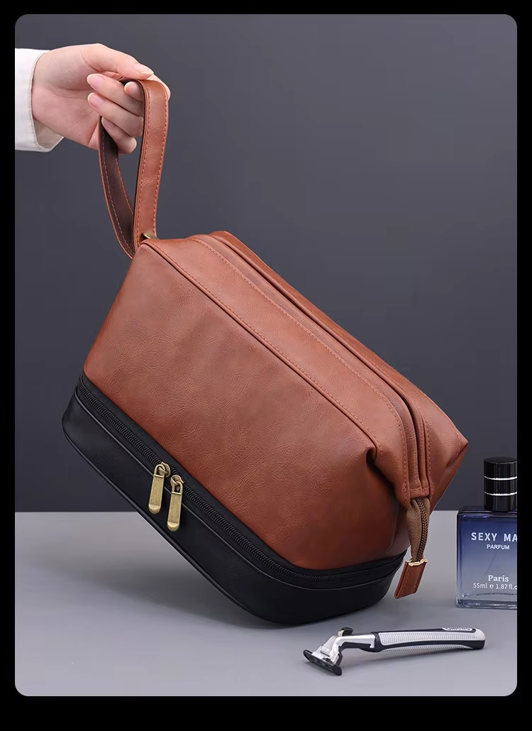 Business Trips Large Capacity Travel Toiletry Bag for Men Vintage Double Layer Design Multifunctional Portable Handheld Case