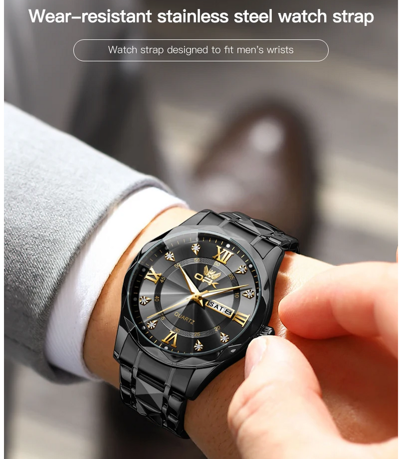 Men's steel strap quartz watch dual calendar waterproof night light