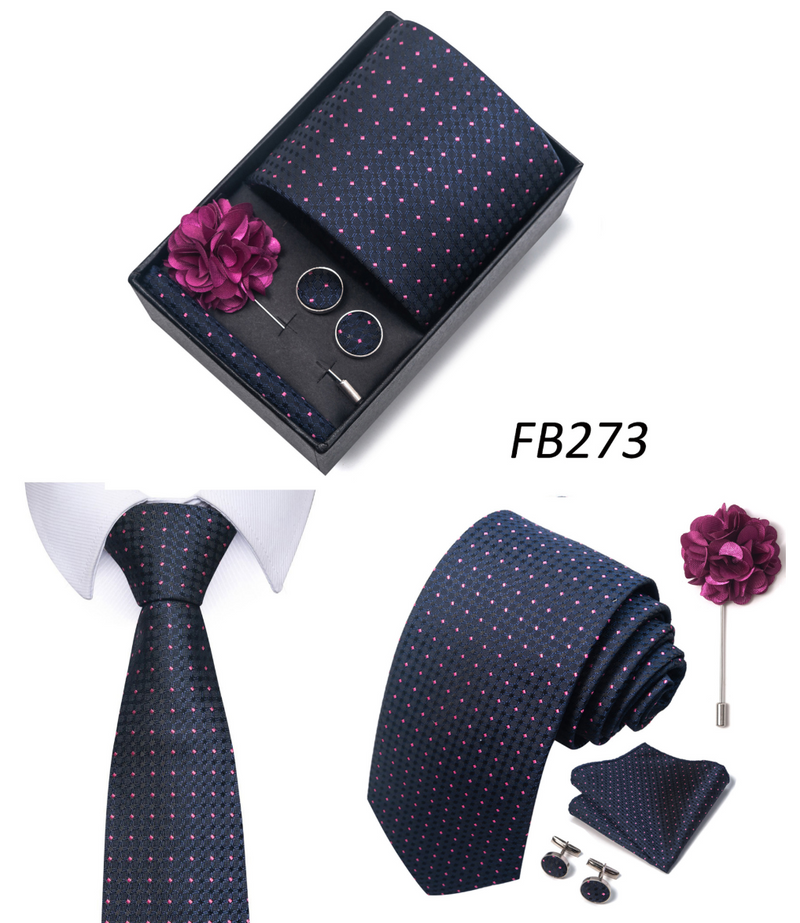Men Ties Set Color Necktie Handkerchief Cufflinks Brooch Formal