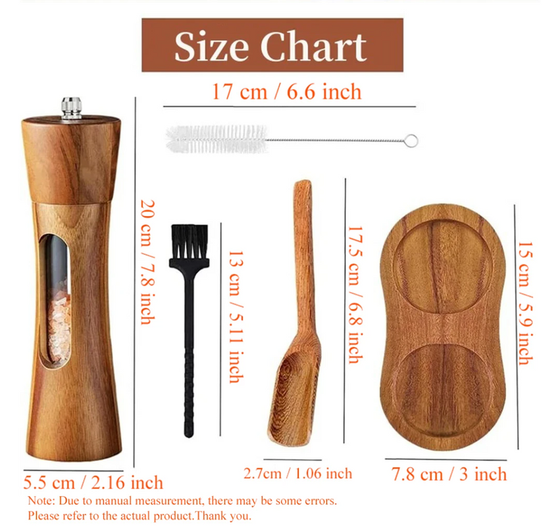 8 Inch Pepper Mill Sets With Base,Manual Wooden Salt and Pepper Grinder Shaker Tools Sets