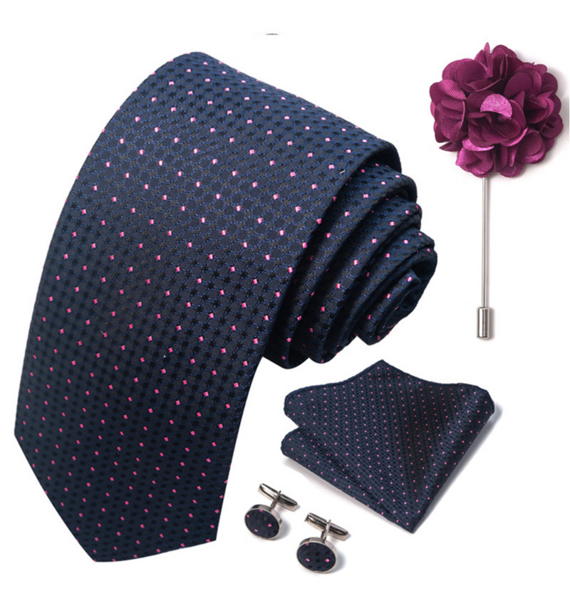 Men Ties Set Color Necktie Handkerchief Cufflinks Brooch Formal