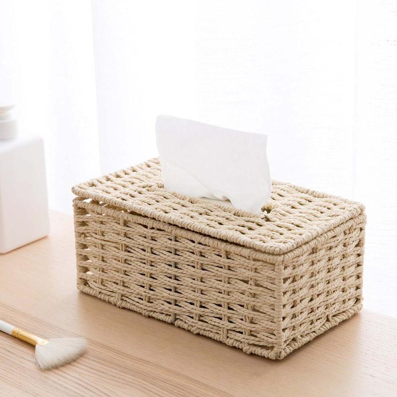 Vintage Rattan Fabrics Napkin Box Container With Lid