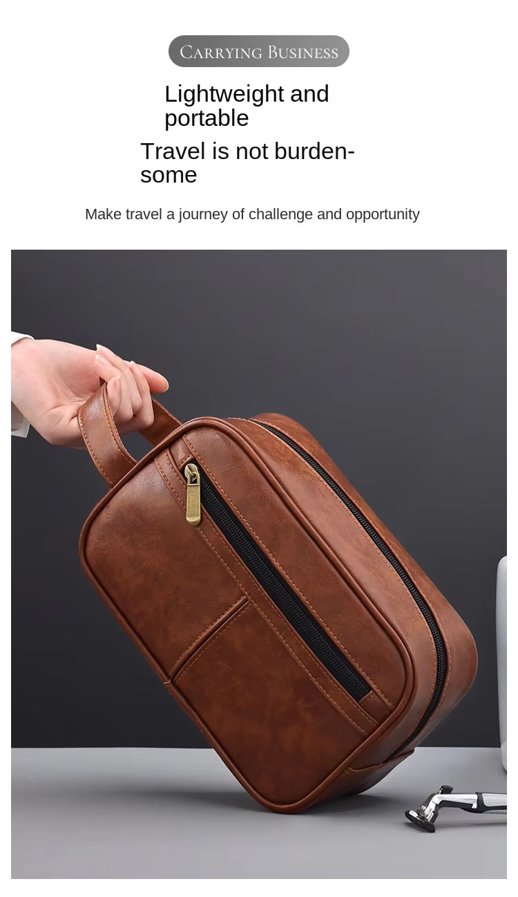 Contrast Color Men's PU Wash Bag Medium Capacity Waterproof Zipper Closure Side Handle Portable Cosmetic Storage Travel Fitness