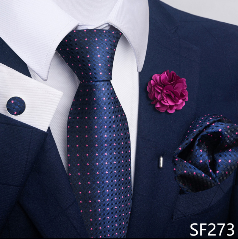 Men Ties Set Color Necktie Handkerchief Cufflinks Brooch Formal