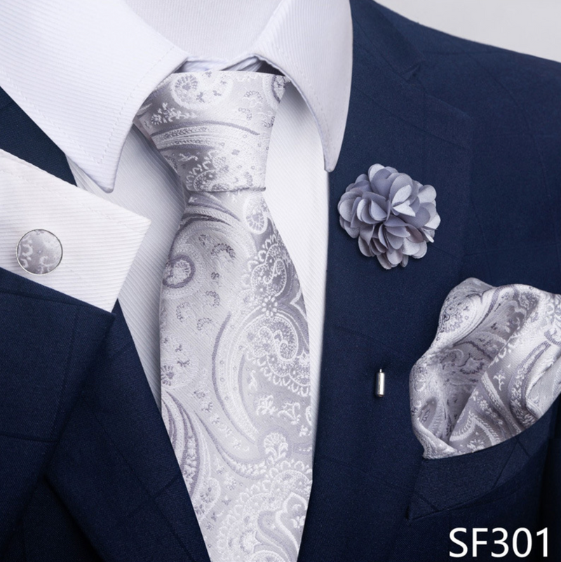 Ties Set Men Necktie Handkerchief Cufflinks Brooch Formal