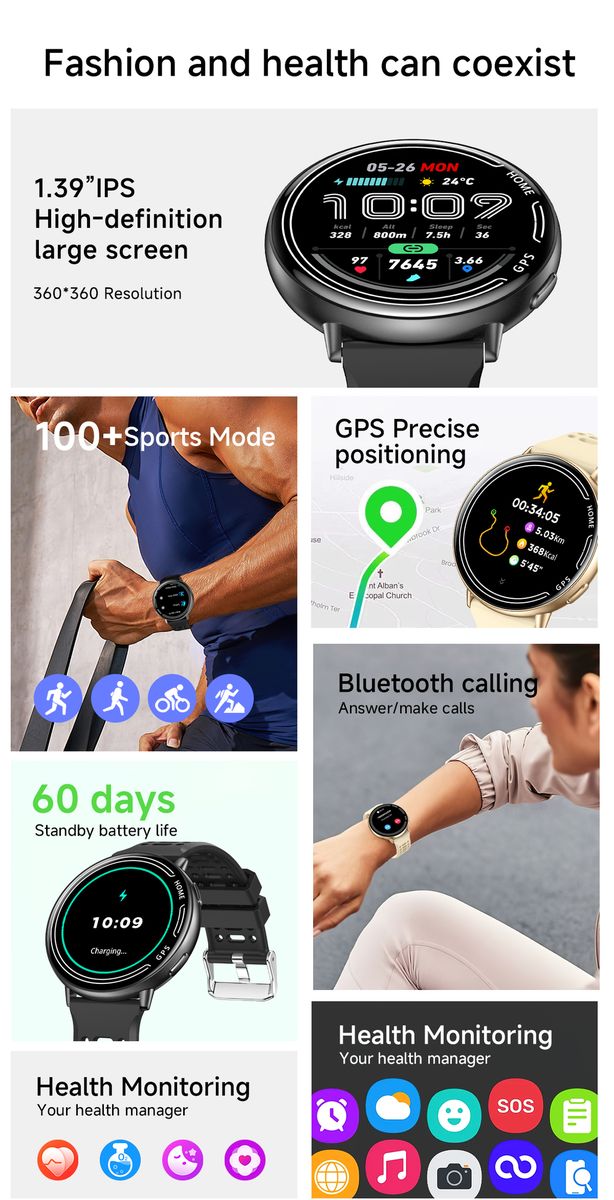1.39'' HD Smart Watch SW27, Health Tracking & Bluetooth Calling