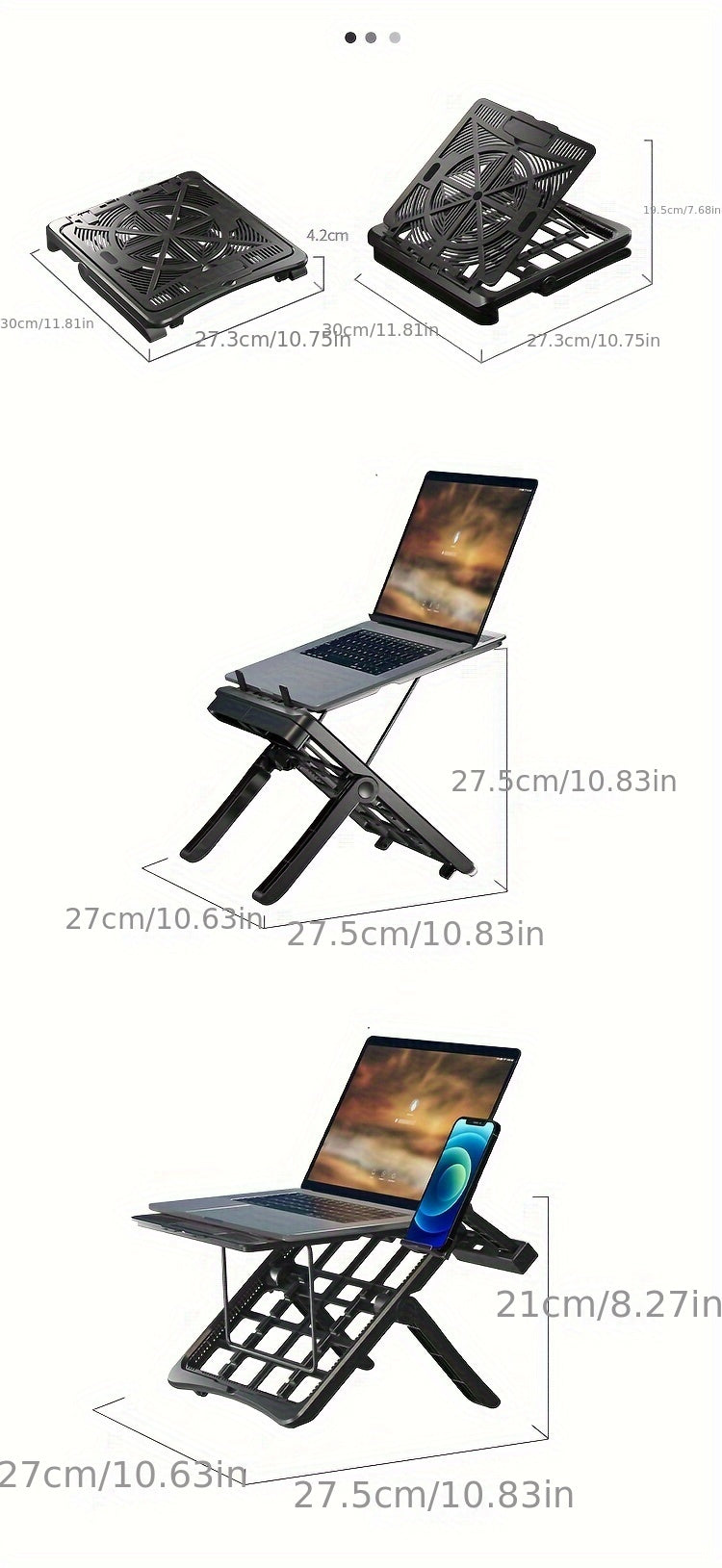Adjustable Laptop Stand with Cooling Fan & Phone Holder, Ergonomic Foldable Laptop Riser for Desk, Portable Notebook Stand with Heat Vent for 10-17 inch Laptops