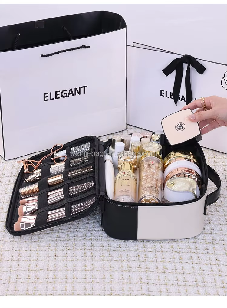 Brushes Travel Size Square Makeup Organizer Case Zipper PU Chic Two Tone Style Multiple Pockets Waterproof Portable Cosmetic
