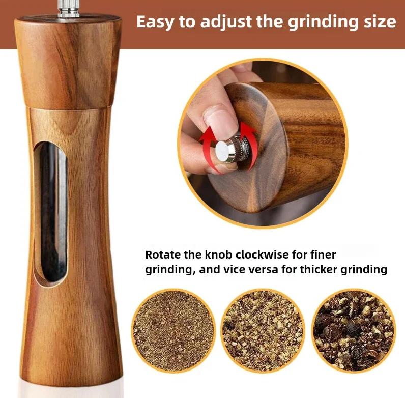 8 Inch Pepper Mill Sets With Base,Manual Wooden Salt and Pepper Grinder Shaker Tools Sets