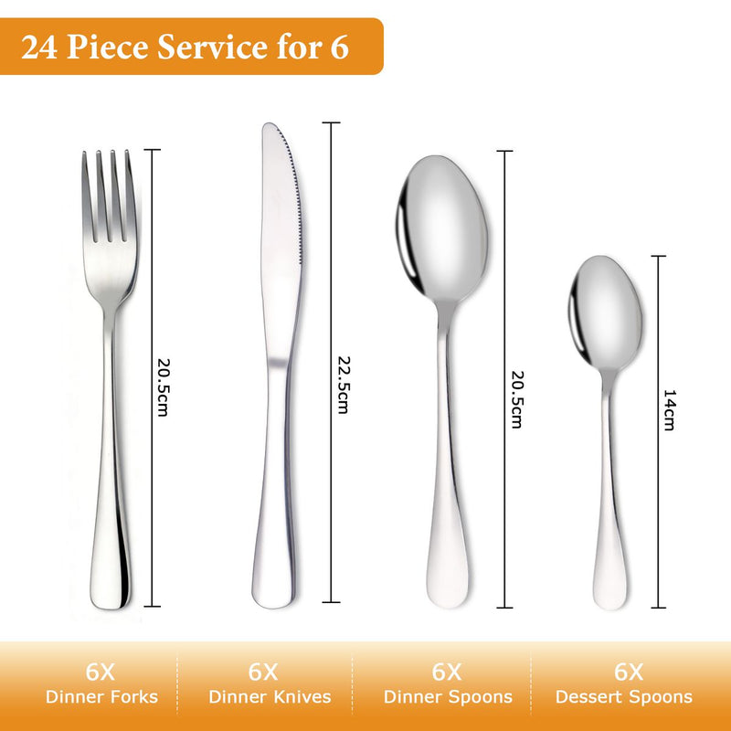 24 Piece Cutlery Set Stainless Steel Solid Feel Flatware for Family Dining