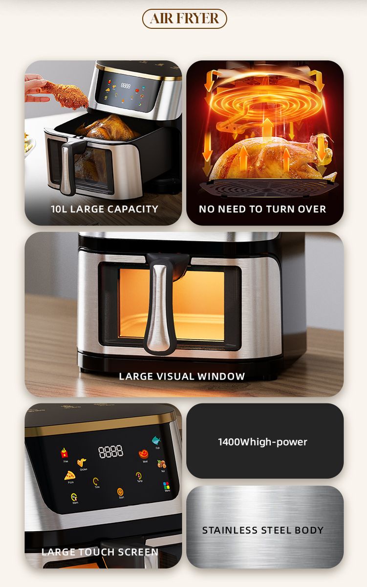 Visible Window Stainless Steel Air Fryer-12L Including a Nesting Tongs Set