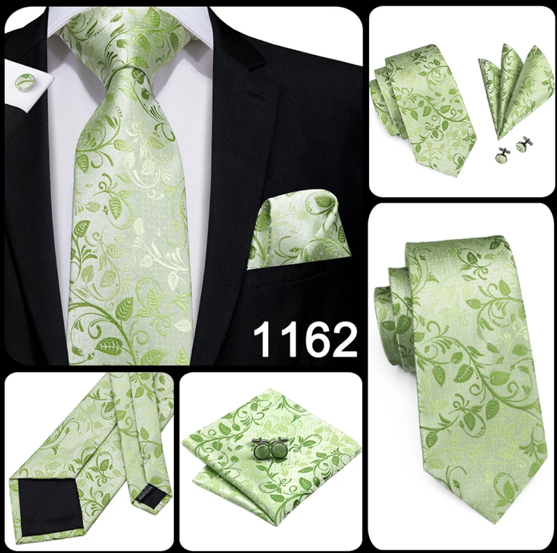 Men Silk Tie Grass Green Ties Boutonniere Handkerchief Cufflinks Set