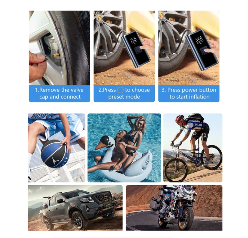 Car Air Pump Electric Tire Inflation For Car, Bicycle &  Motorcycle