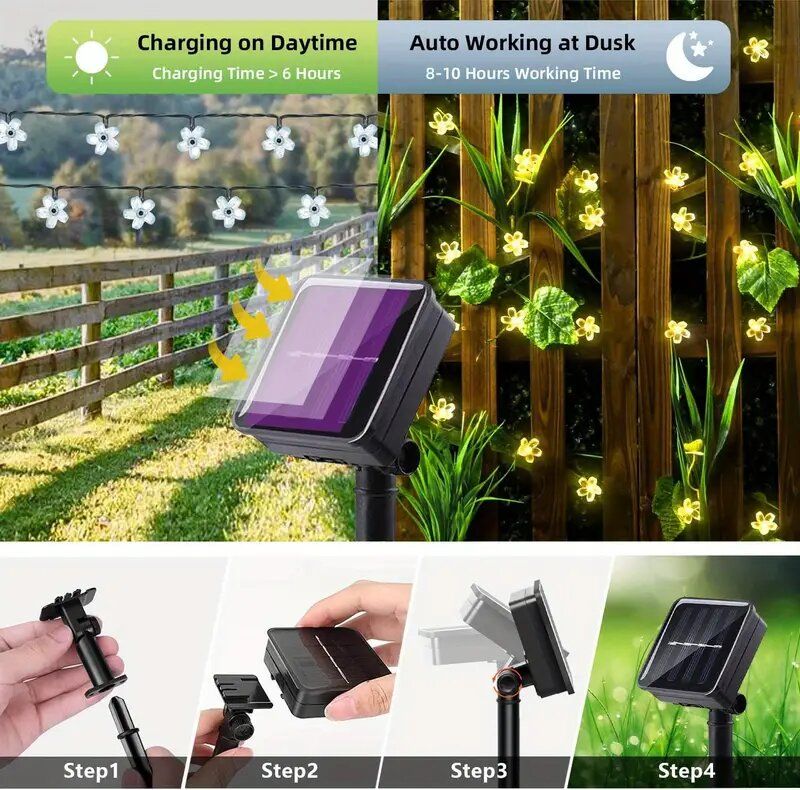 12M 100 LEDs Solar Flower String Lights 8 Modes String Lights For Garden