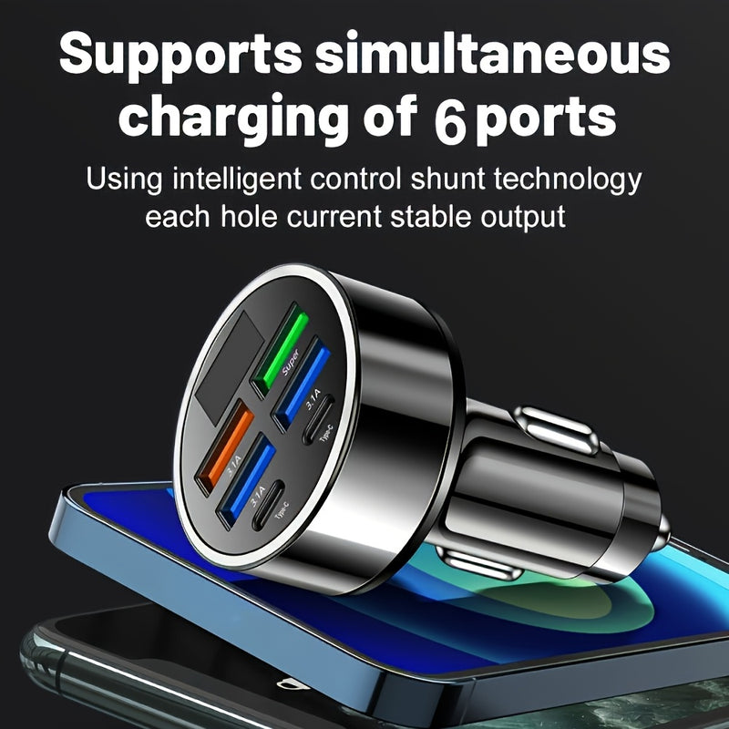 4-Port Fast Car Charger with USB-C PD & Digital Display – for iPhone, Samsung & More