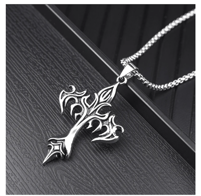 Classic Steel Warrior Men's Cross Amulet Necklace - Fashion Flame Christian