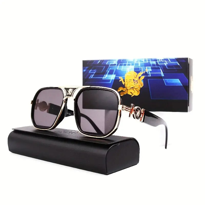 Men's Premium Elegant Square Sunglasses – Green Frame with Unique Temples, UV400 Protection for Daily & Outdoor Use