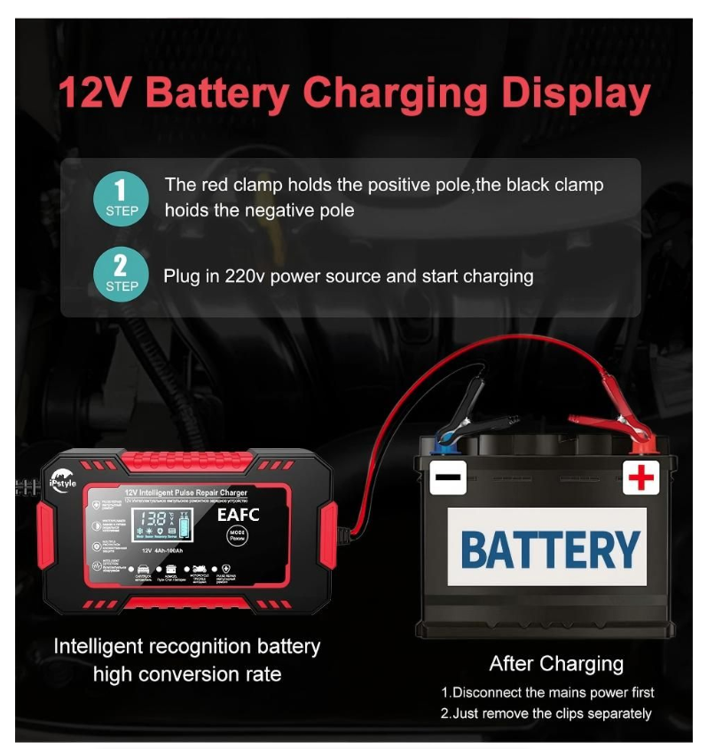 Car Battery Charger 12V 6A Pulse Repair LCD Display Smart Fast Charger