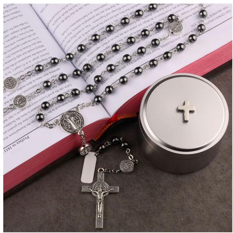 Necklace Car Ornament Black Hematite Bead Saint Benedict Medal Jesus Cross