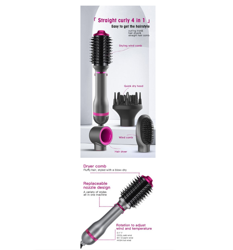 Hair Dryer Hot Air Brush Electric Ion Blow Dryer Brush- Four Changeable Brush