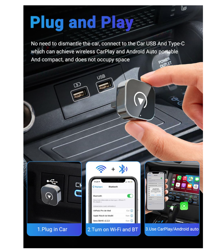 IPSTYLE 2in1 Mini Wireless CarPlay&Android Auto Adapter 5GHz WiFi