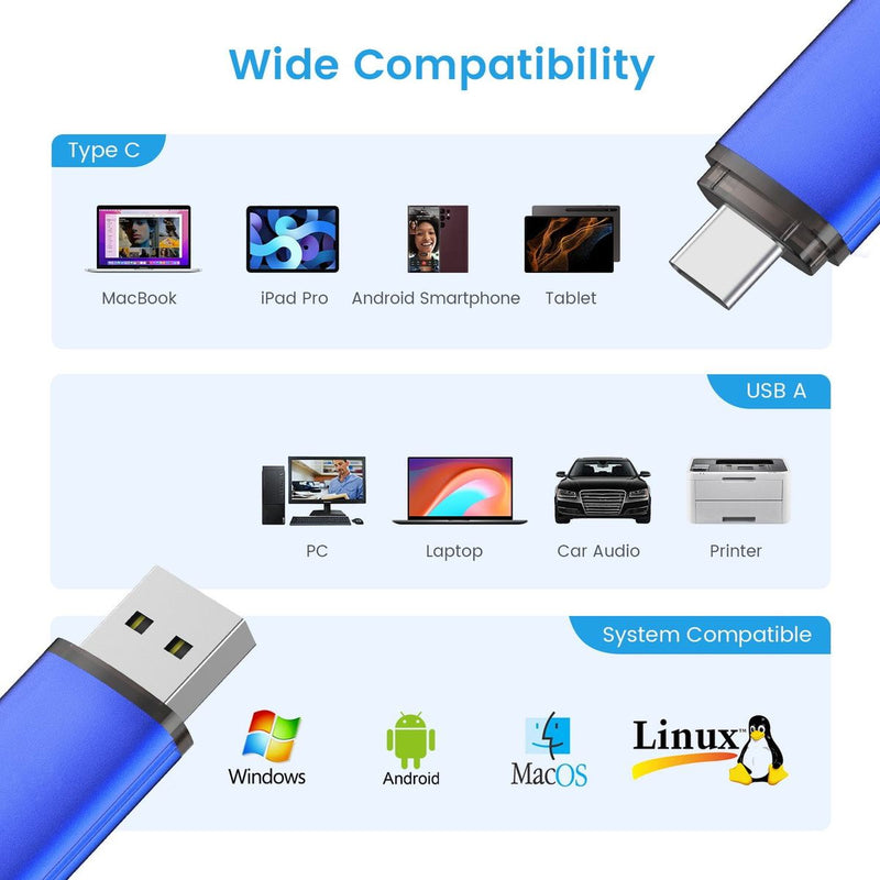 64GB USB Flash Drives Type C USB A Connector with OTG Drive Memory Stick
