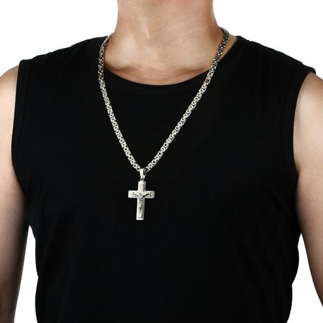 Jesus Christ Cross Pendant Necklace Stainless Steel Byzantine Chain Jewelry