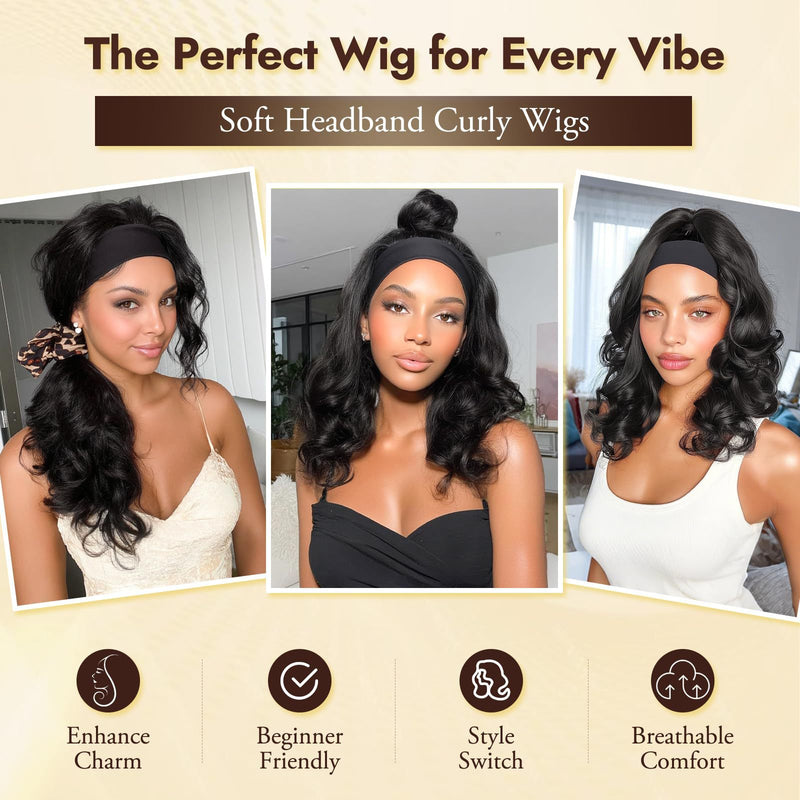 Synthetic Wig Headpiece Elegant Black Long Curly Ice Silk Headband Wig